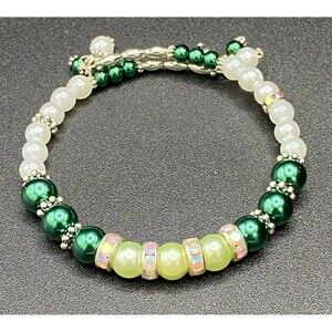Handmade Green & White Faux Pearl Silver Tone Memory Wire Bracelet by Neanie-Bot